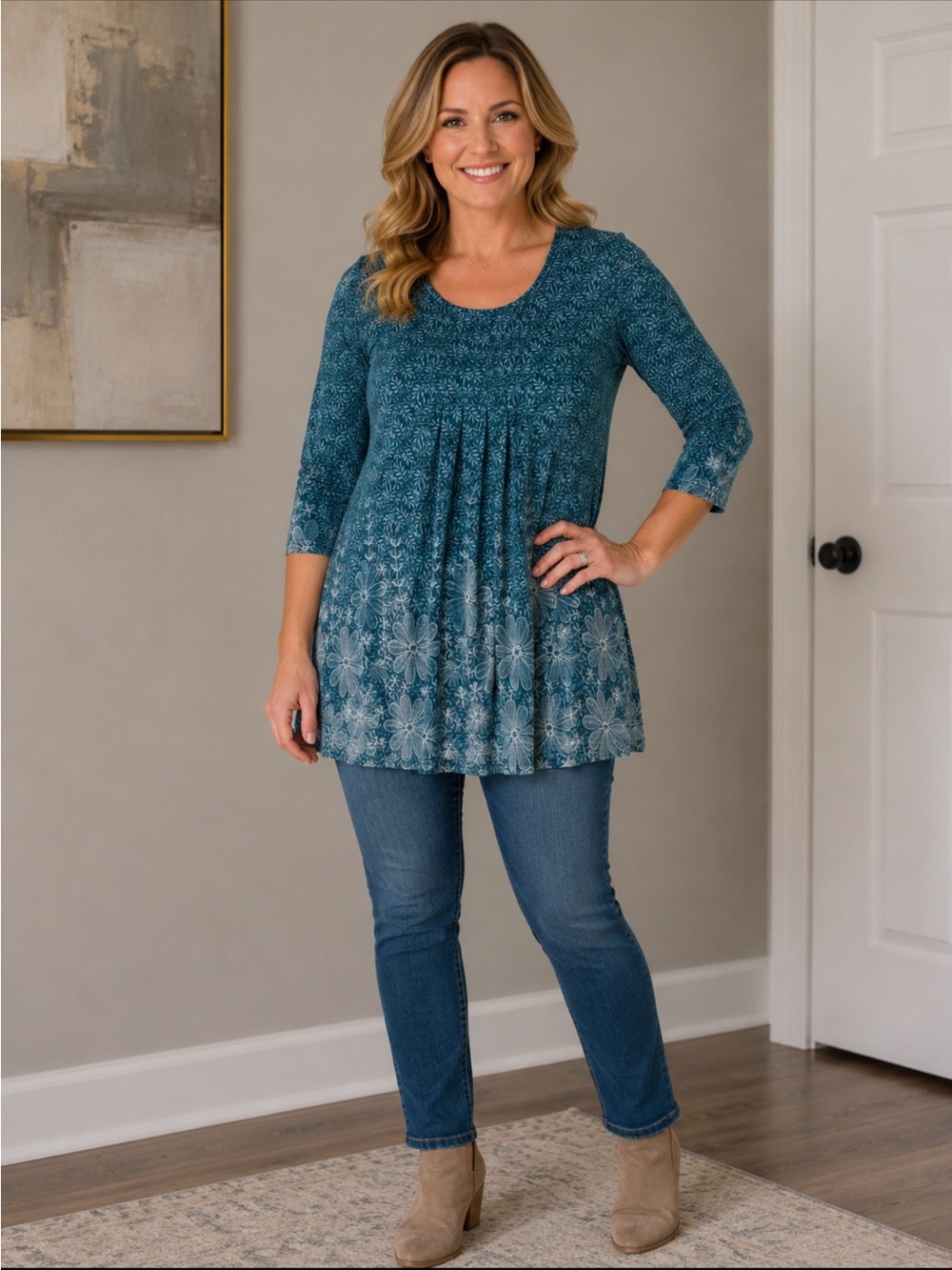 Women's Teal Floral Pleated Scoop-Neck Tunic